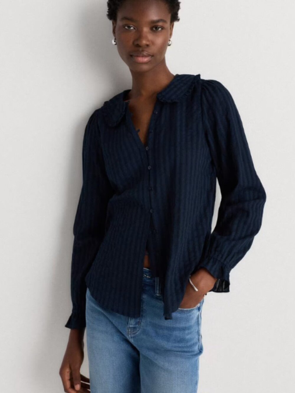 Quince Women's Embroidered Cotton Ruffle Collar Long Sleeve Blouse Navy - M